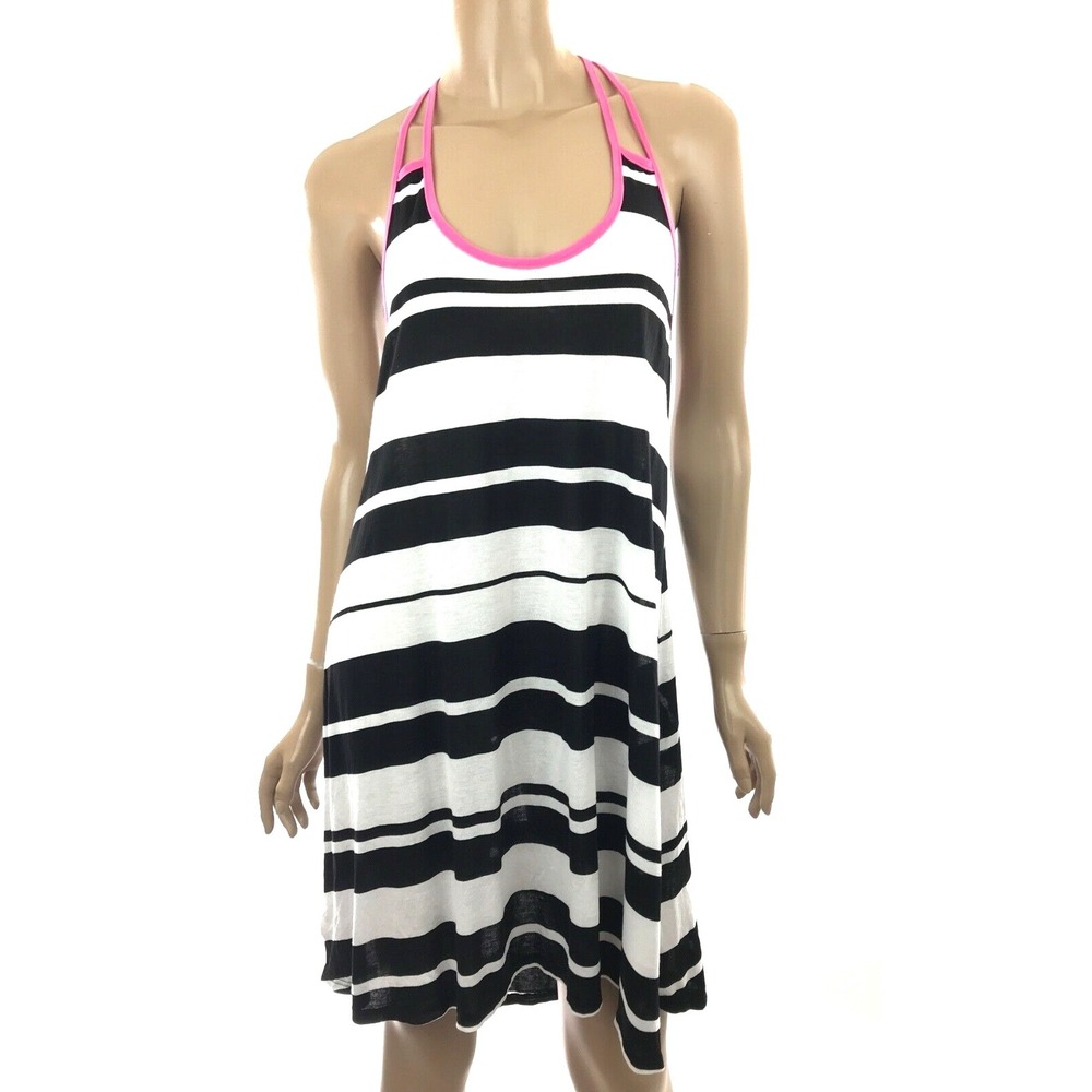 Blue Life Sz S Dress /Cover Up Black & White Stripes Pink Trim Racerback  Rayon